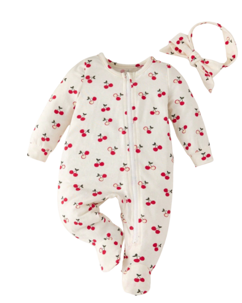 Macacao Cerejinha Longo Bebe Menina Plush Algodão + Faixa