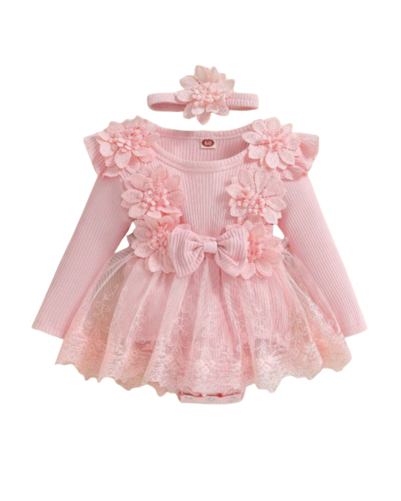 Conjunto com 2 Peças vestido de Tule de Manga Comprida e Laço de Flor 3D