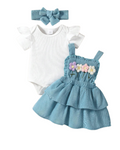Conjunto 3 Peças  Body de Manga Curta , Vestido Bordado Floral  Faixa de Cabeça