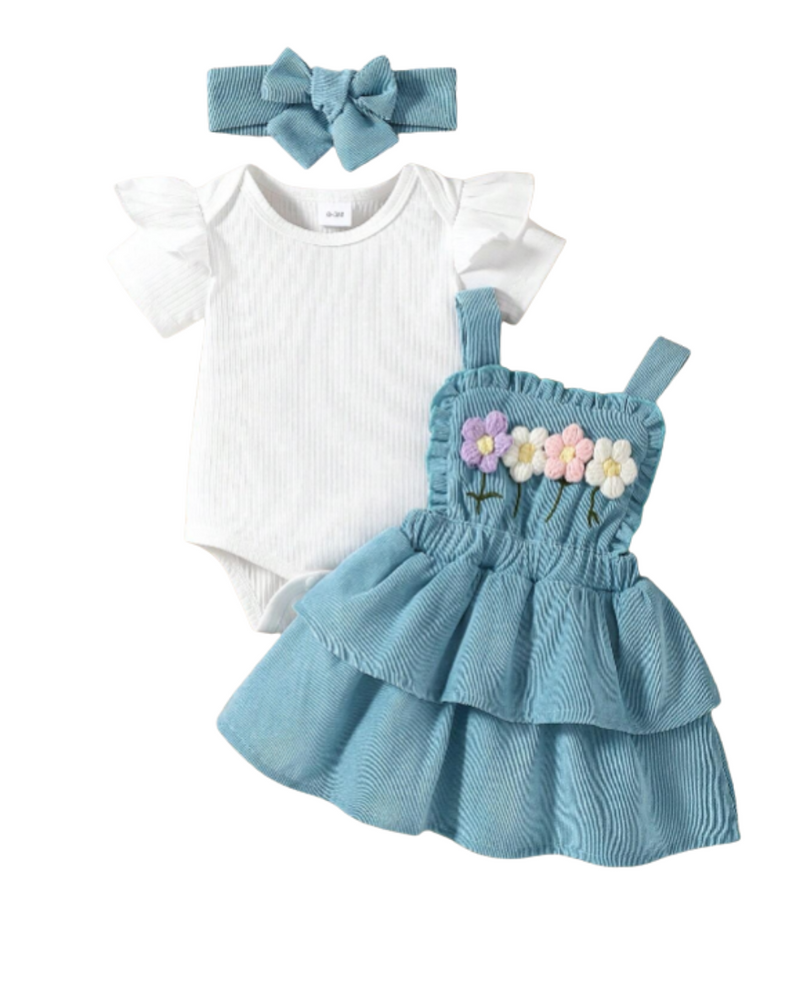 Conjunto 3 Peças  Body de Manga Curta , Vestido Bordado Floral  Faixa de Cabeça