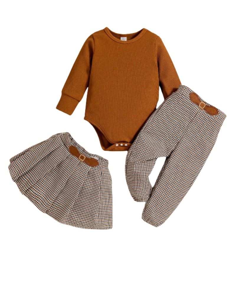 Body Conjunto de Body manga longa, calça e saia Xadrez