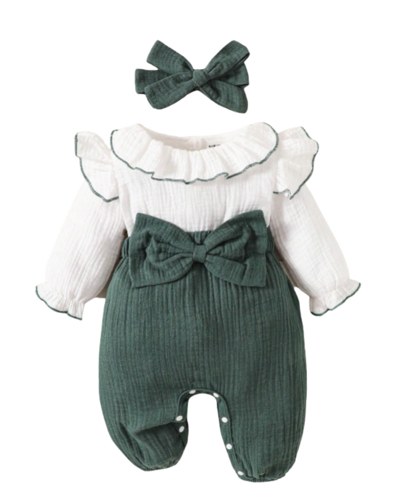 Macacao Longo com Babados e Gola Franzida Bebe Menina Plush Algodão + Faixa