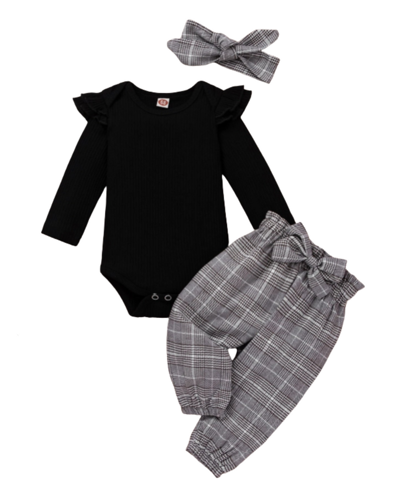 Body Conjunto de Body manga longa, calça e faixa Laço Xadrez